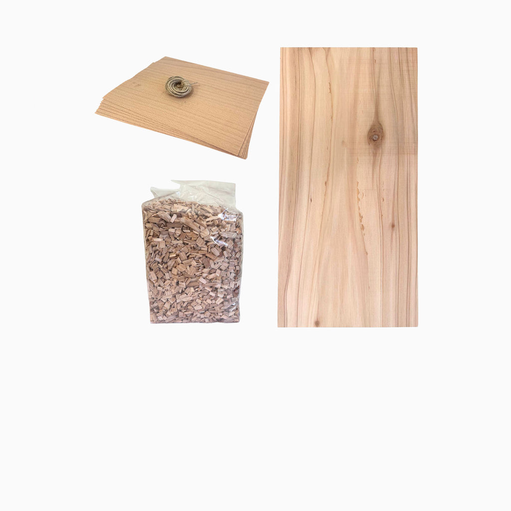 Wood BBQ Smoke Set - Hickory Wood chips, Wraps, Beechwood Planks